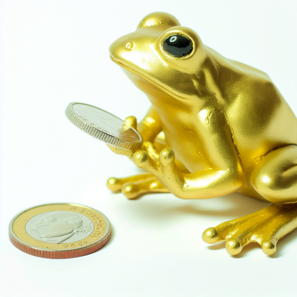 金色のカエルがコインを抱える。