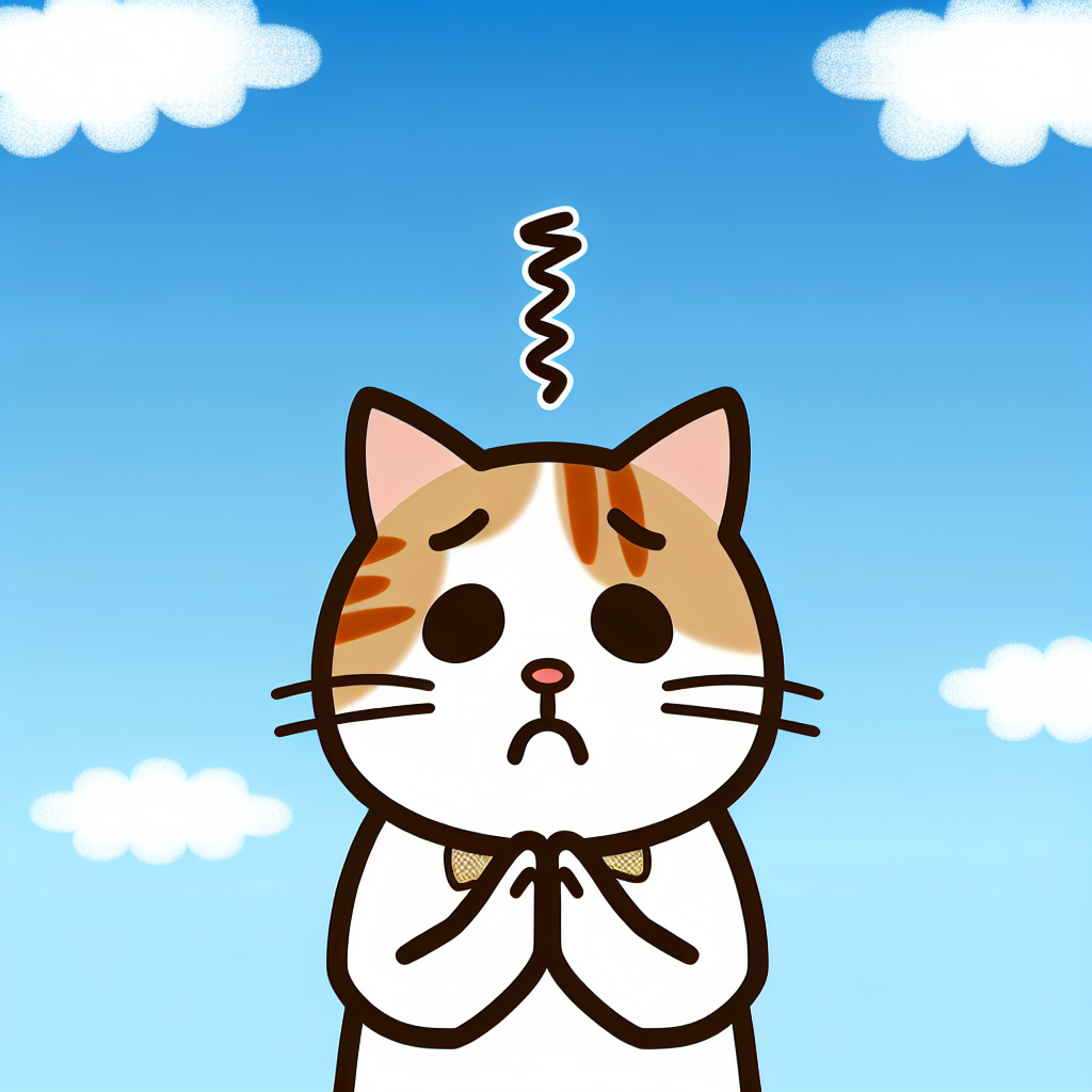 青空の下の謝罪する猫のイラスト。