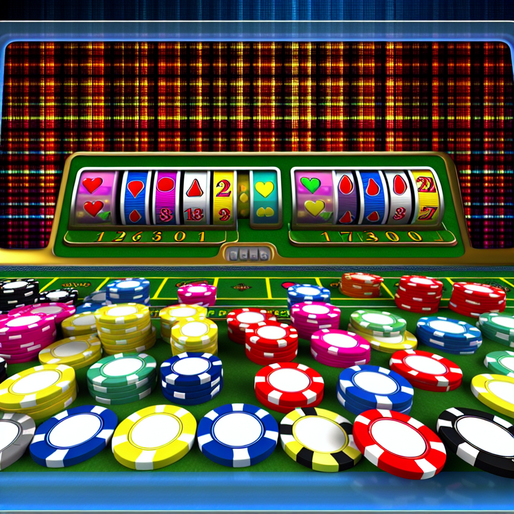 「カラフルなカジノゲーム画面、デジタルチップ付き。」
