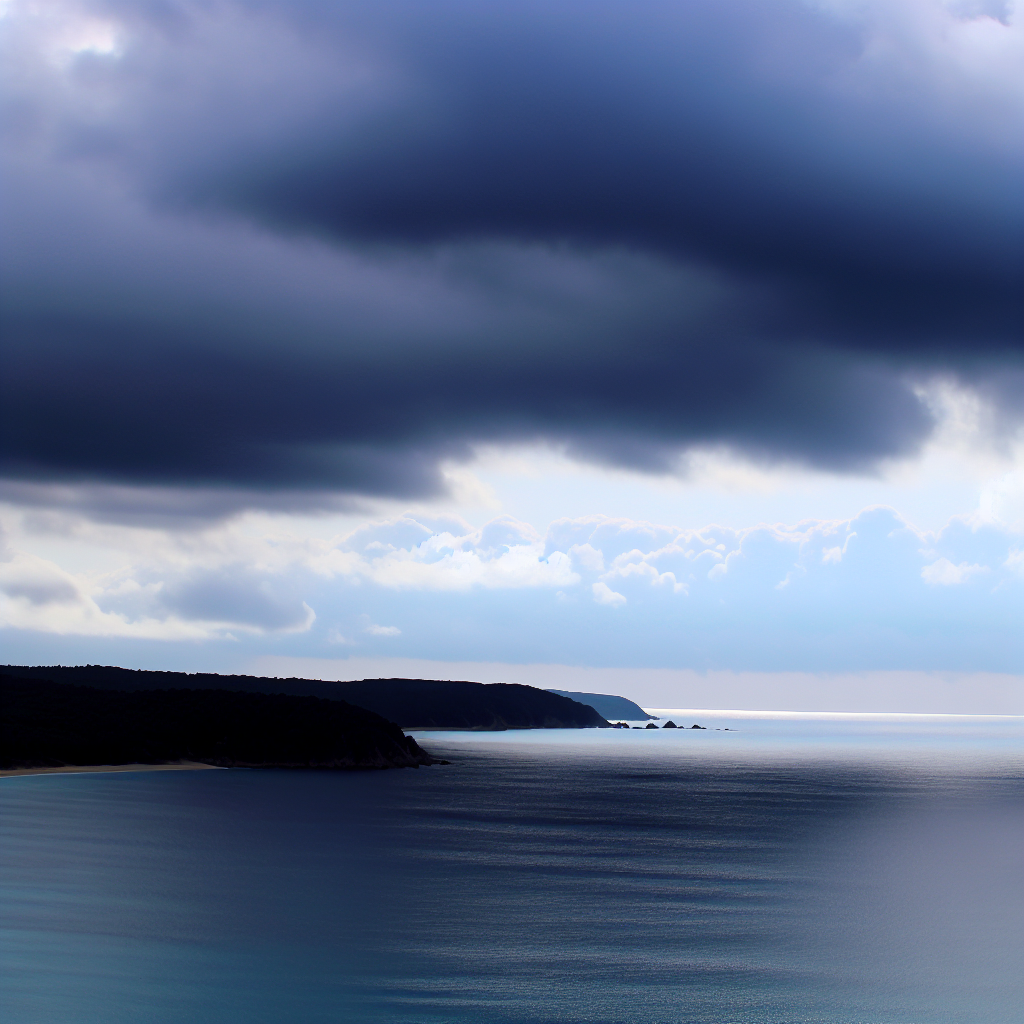 「暗い雲に覆われた静かな海。」