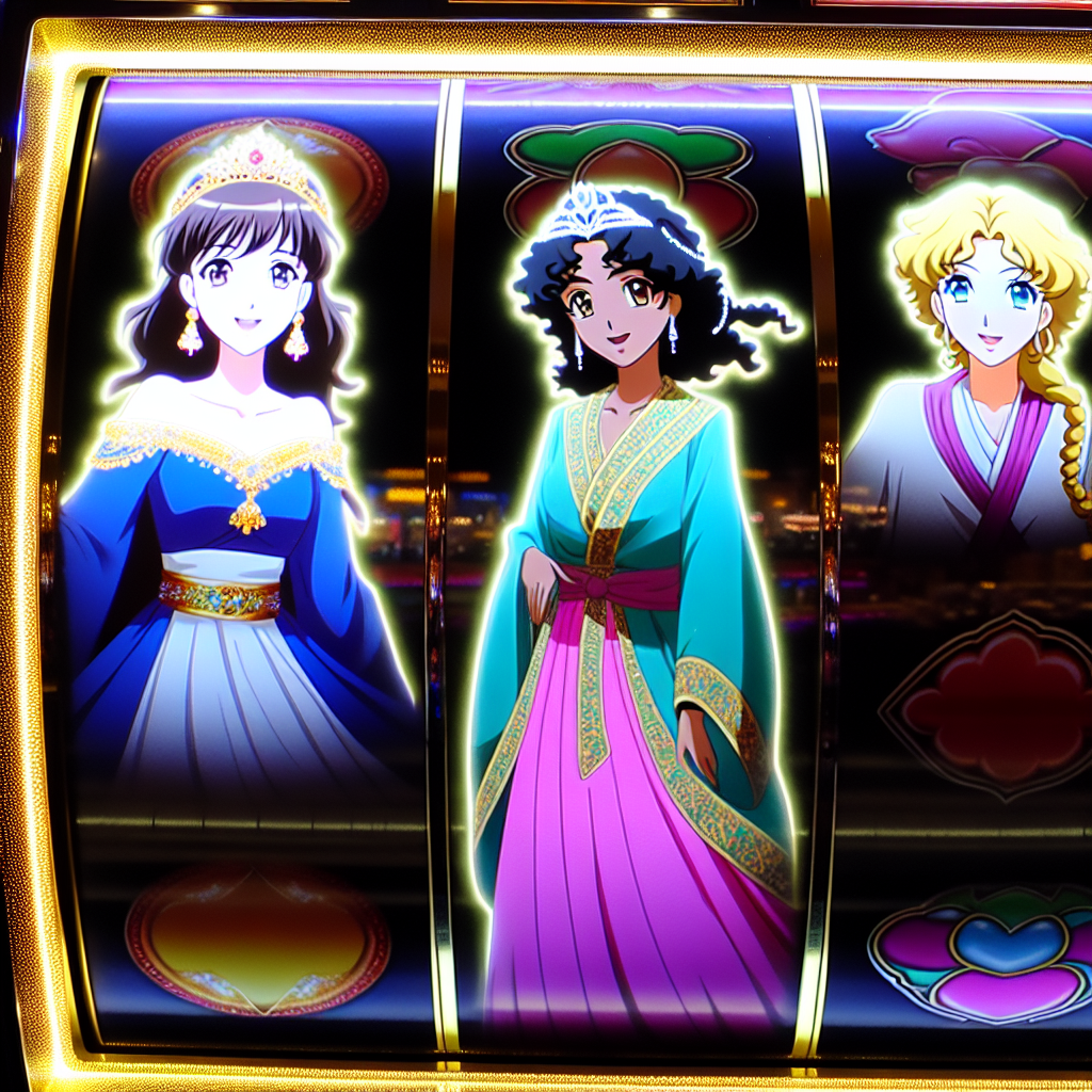 アニメ風プリンセスたちがスロットリール上で輝く。