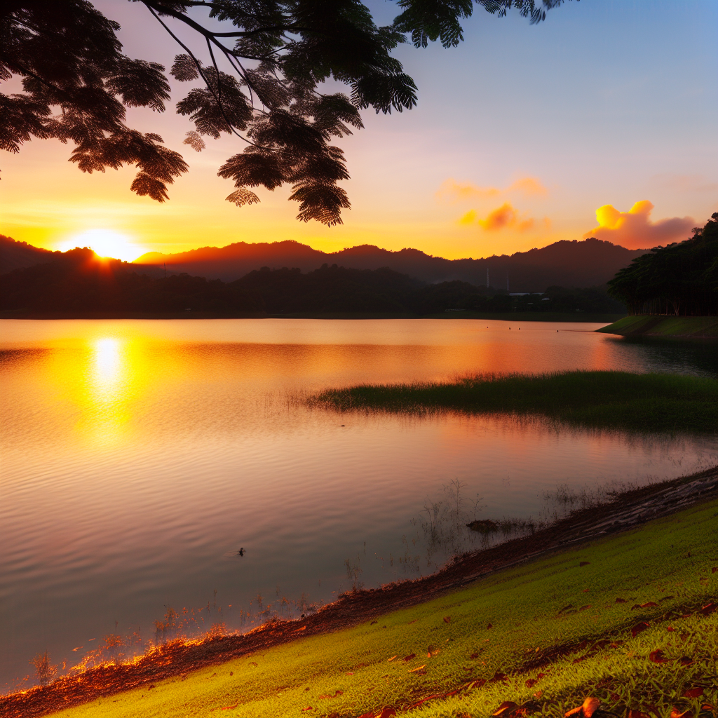 夕焼けに染まる静かな湖畔。