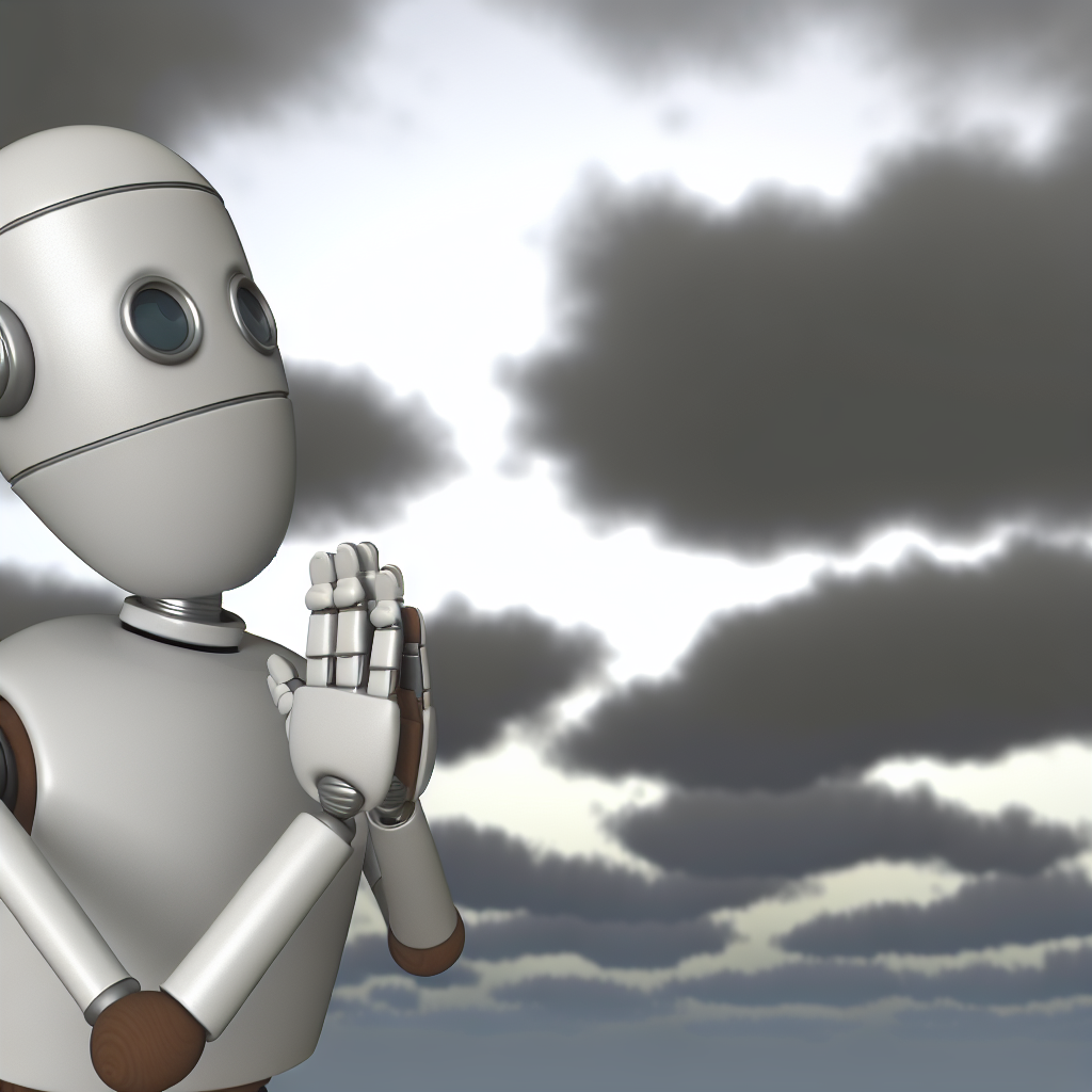 曇り空の下で謝罪するロボット。