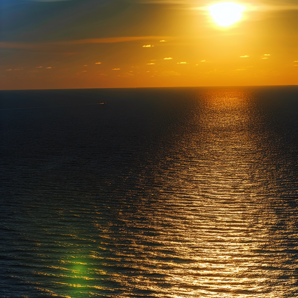 夕日の下で波が輝く海。