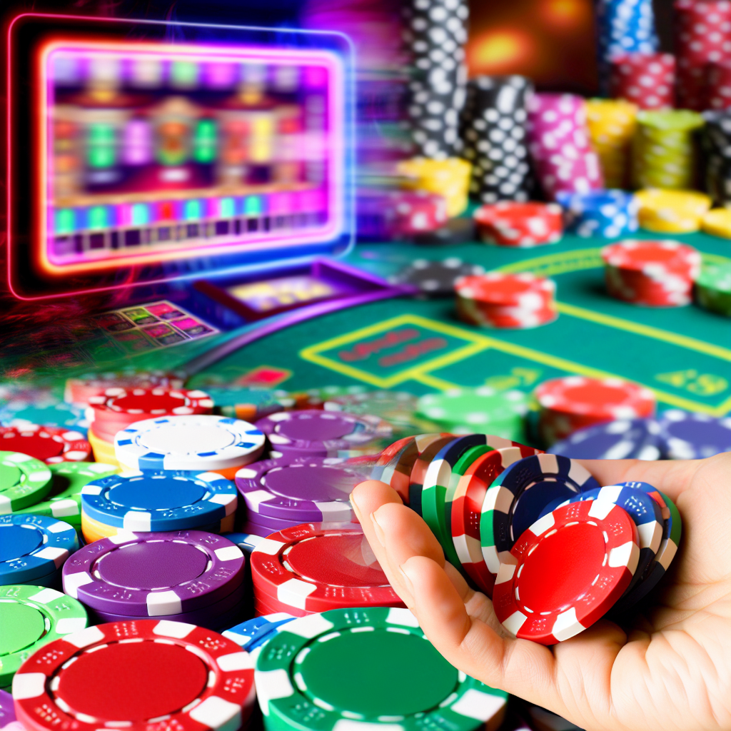 カジノのチップとゲーム画面の組み合わせ。