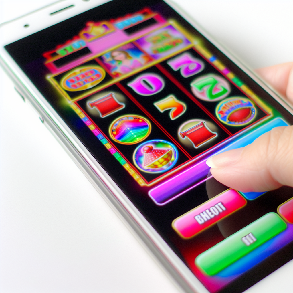 「カラフルなスロットマシンがスマホ画面に映る。」