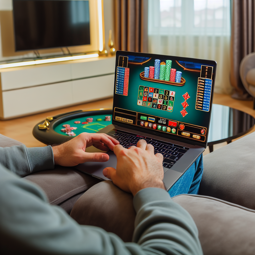 「リビングルームでラップトップ使用し、カジノゲーム楽しむ。」