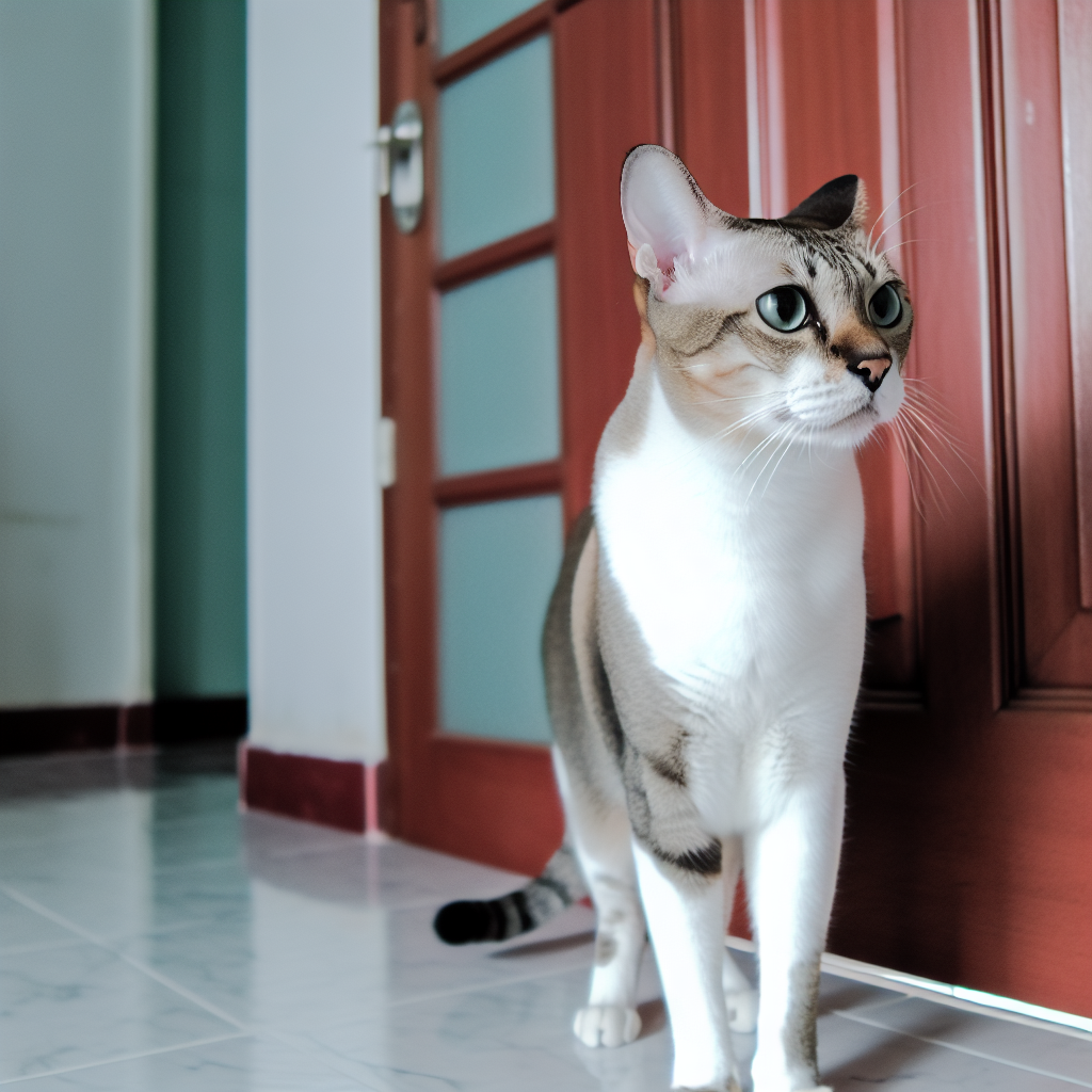 「閉じたドアに立つ猫」