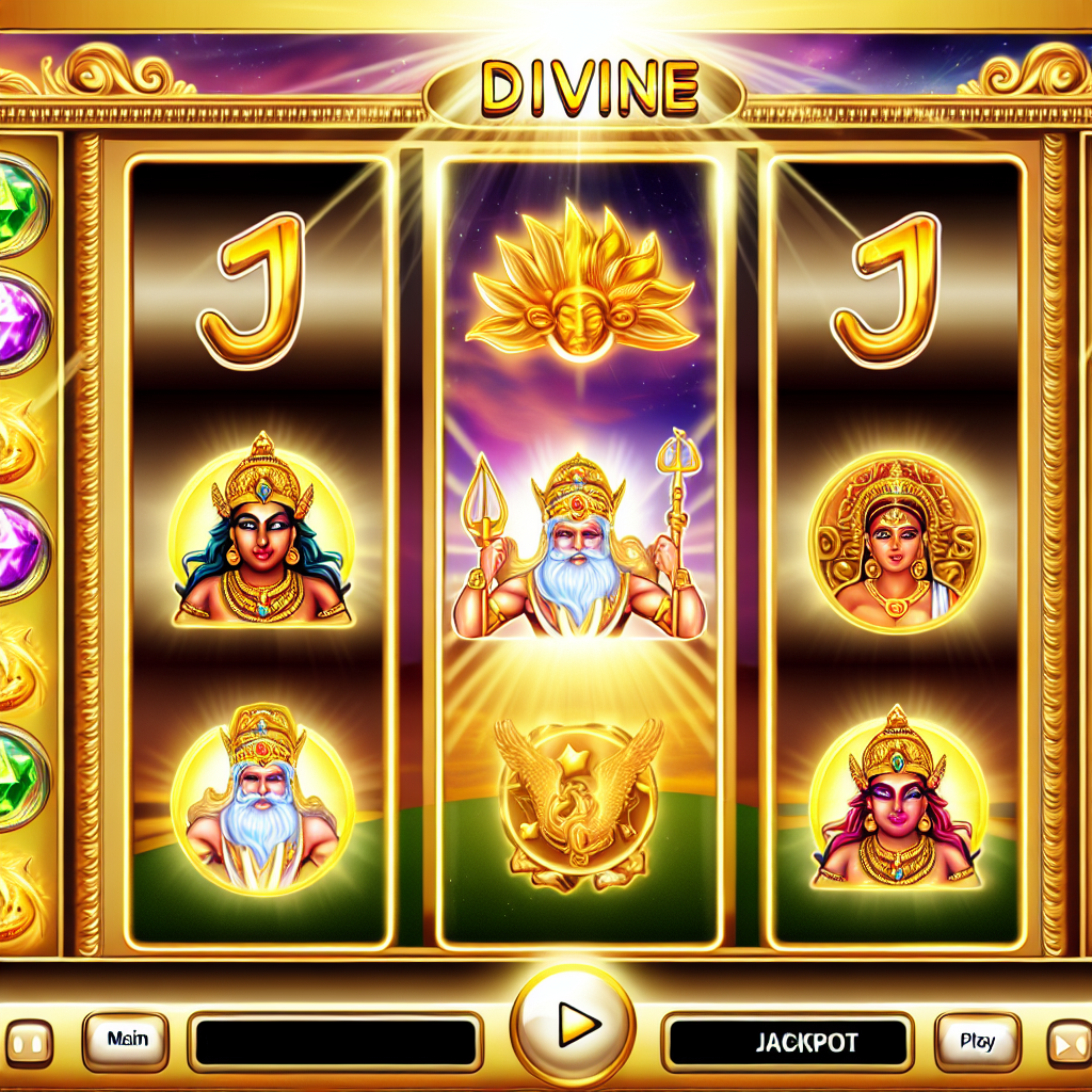 神々しいテーマのスロットゲーム画面。