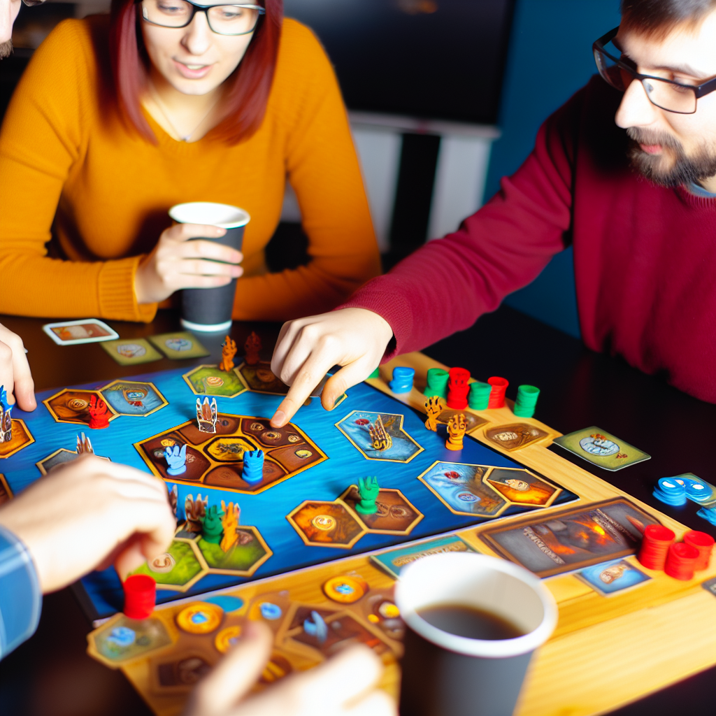 ゲームテーブルで戦略的に計画するプレイヤー。