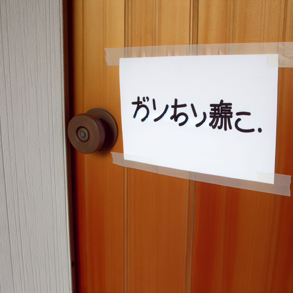 閉ざされたドアに「申し訳ありません」サイン。