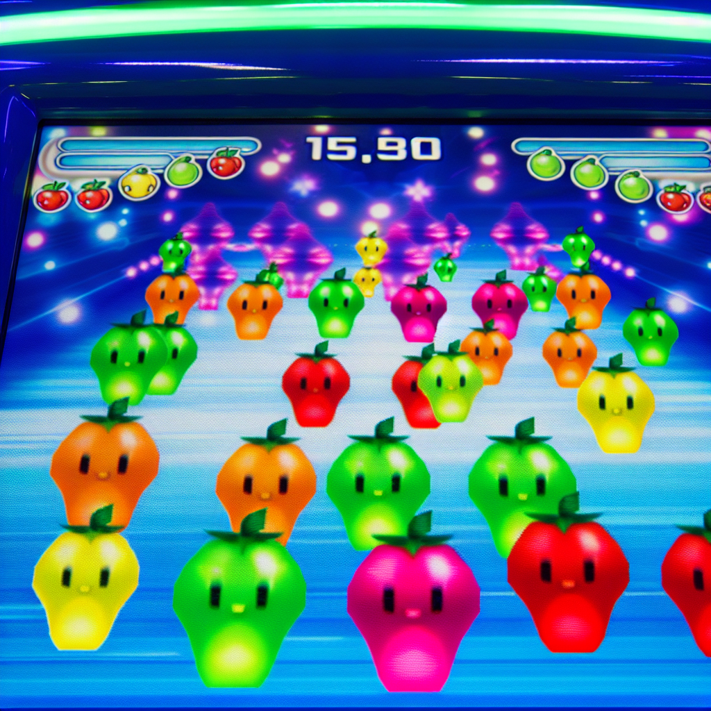 「カラフルなフルーツが踊るゲーム画面。」