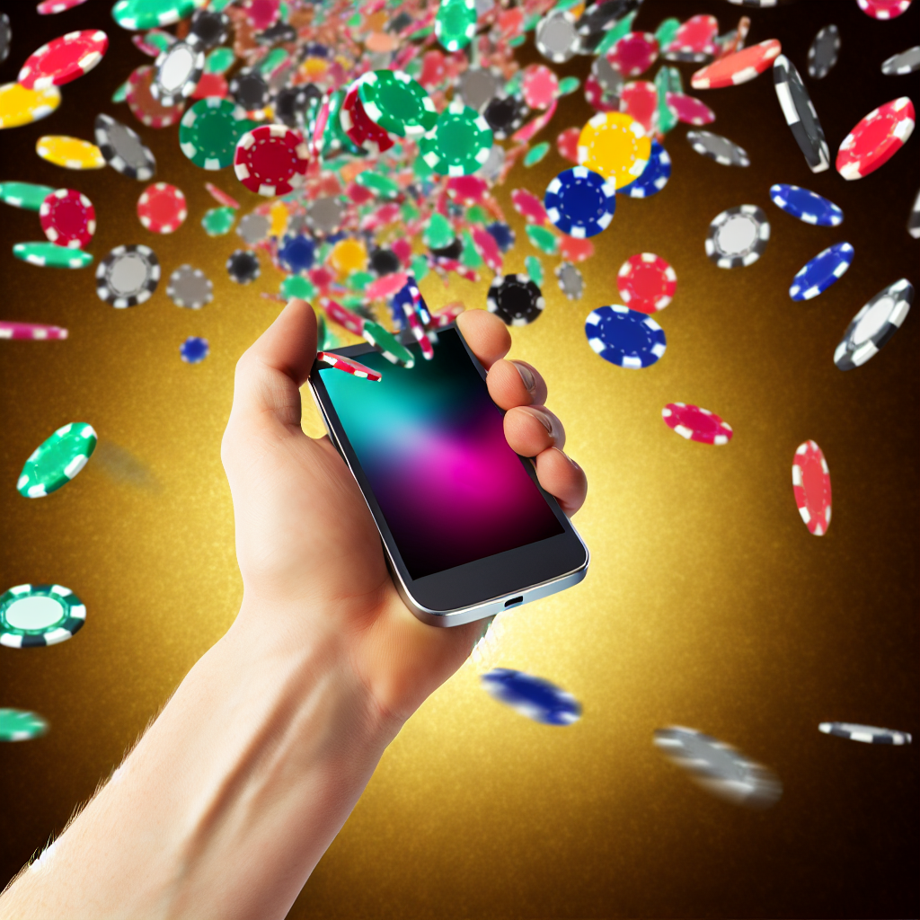 カジノチップが舞う手とスマホ。