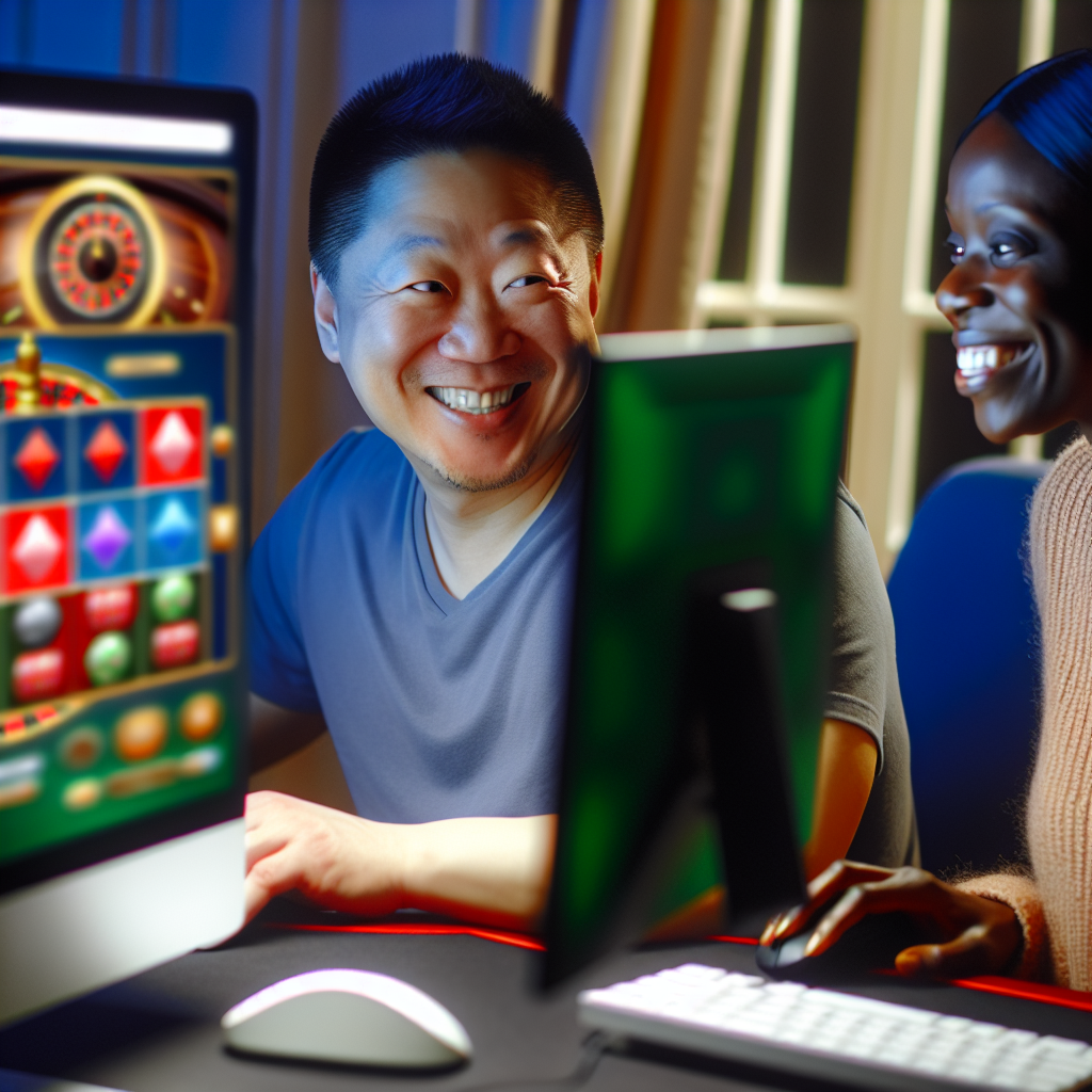 オンラインカジノの新規プレイヤー、笑顔でゲーム。