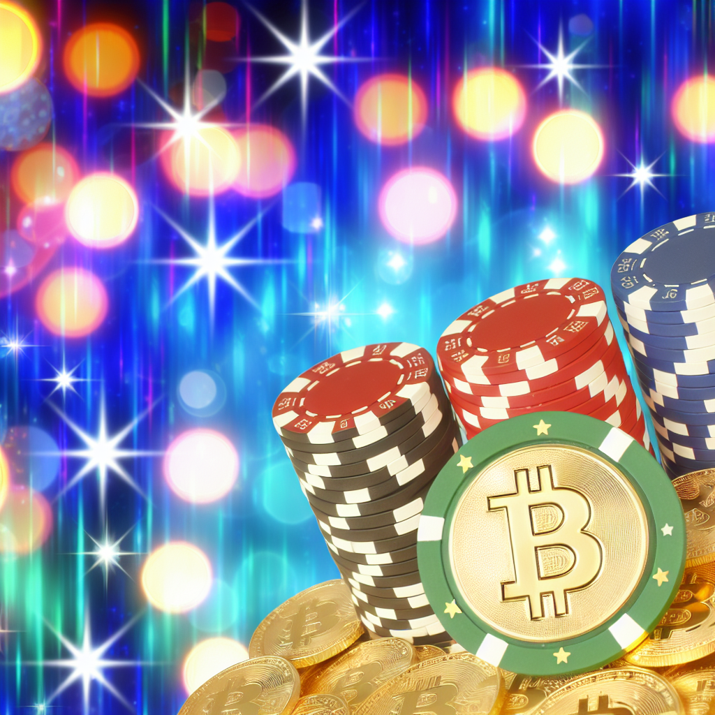 カジノチップとビットコインが輝く背景。