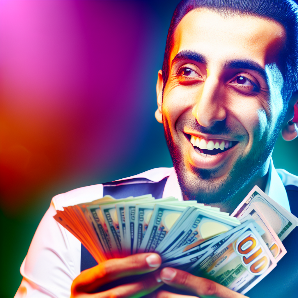 笑顔のプレイヤーが大金を持つ。