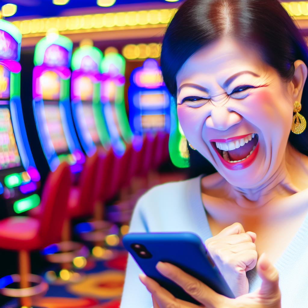 「スマホで笑顔の女性、カジノボーナス体験中。」