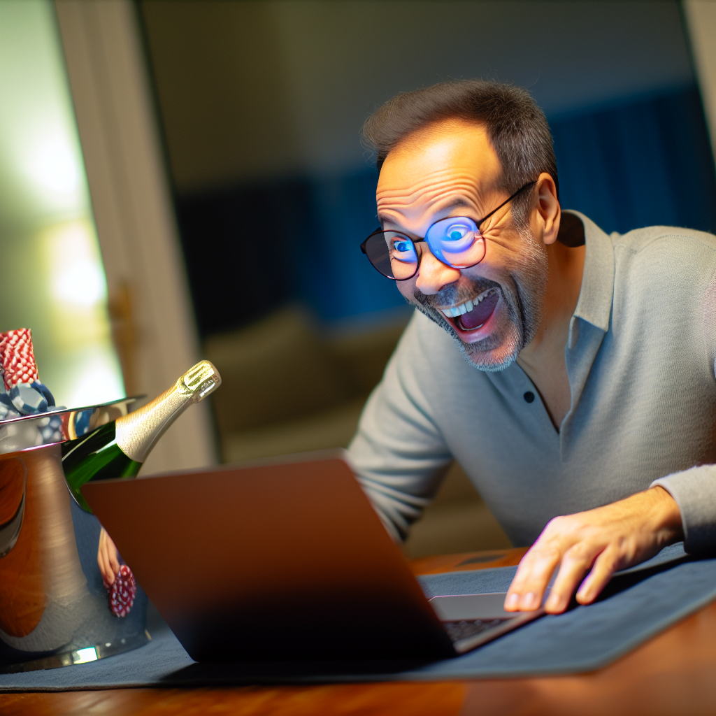 「興奮したプレイヤーがラップトップでカジノサイトを見る。」