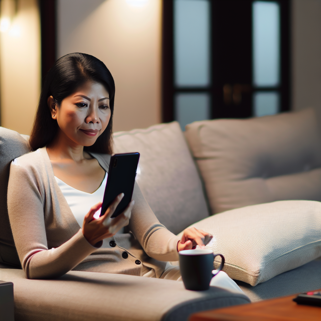 「スマホでオンラインカジノ登録する女性」