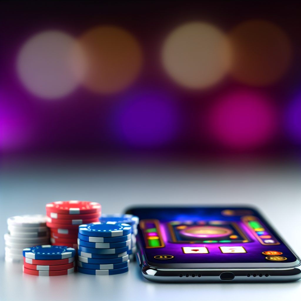 「カジノチップとスマホ、ゲーム画面表示」