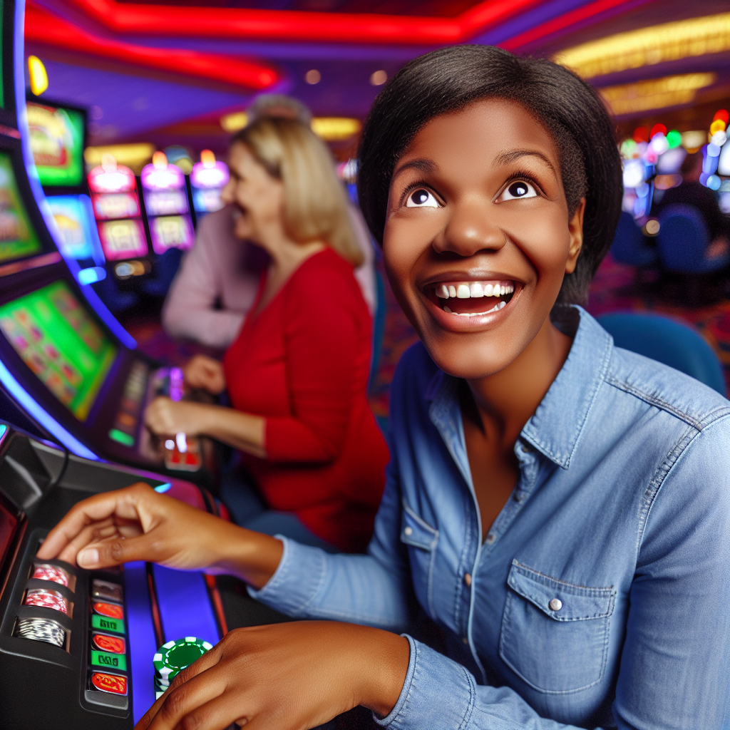 「カジノゲームを試す初心者の笑顔。」