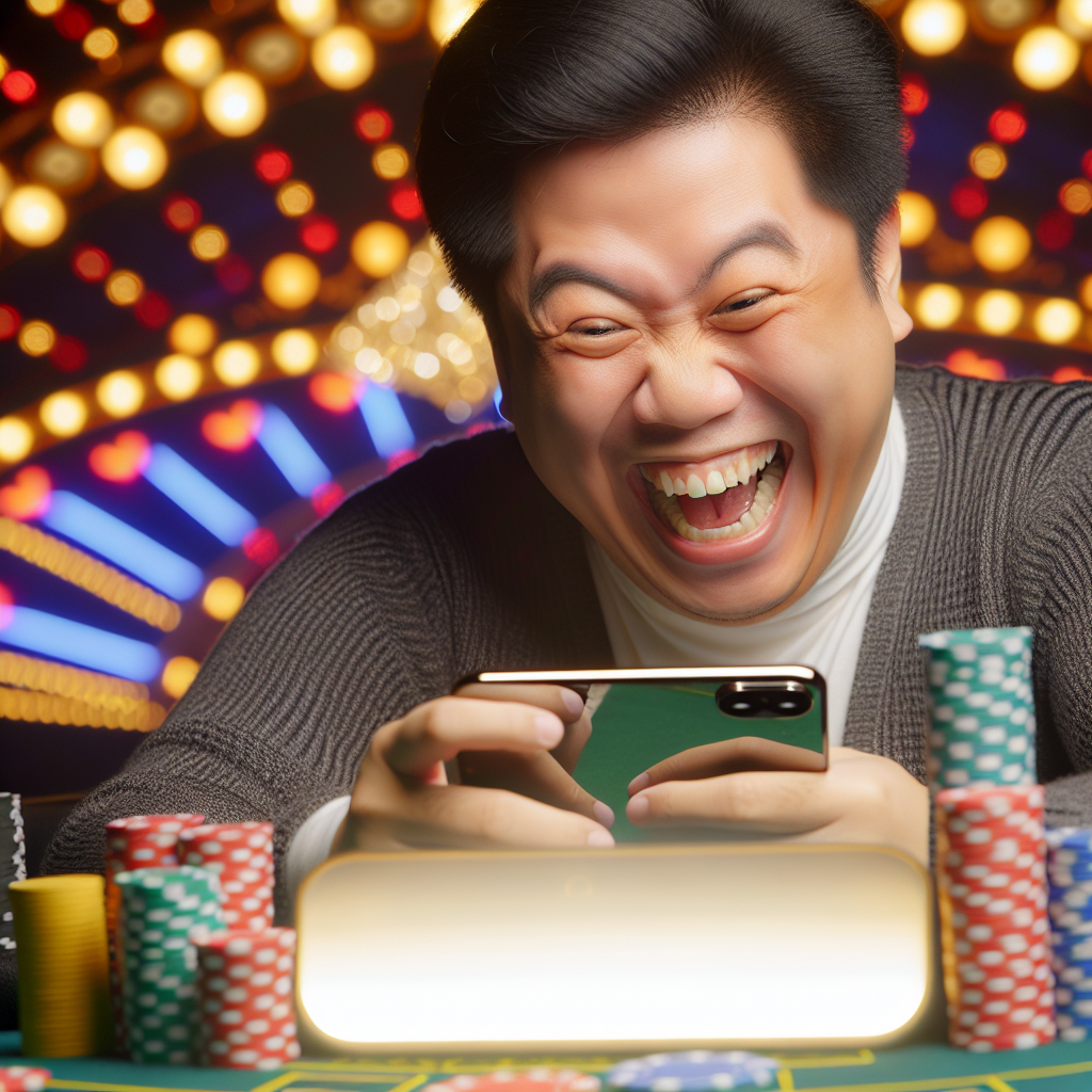 「カジノチップとスマホ、笑顔のプレイヤー。」