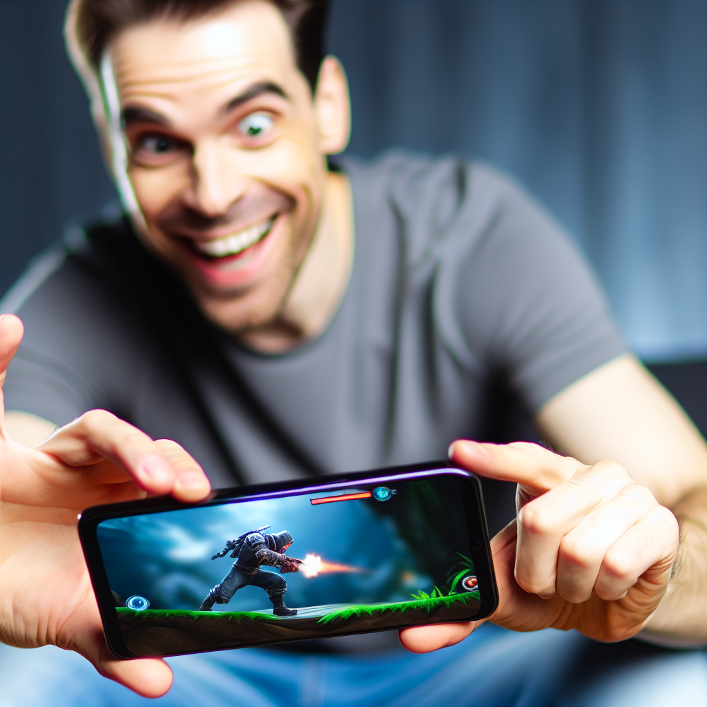 プレイヤーが笑顔でスマートフォンを持つ。