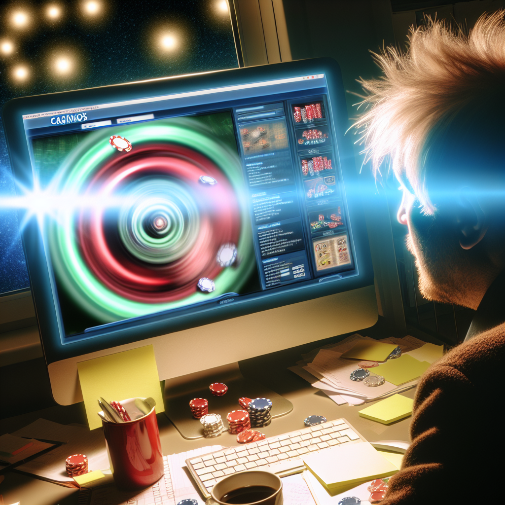 「パソコンでオンラインカジノを調査中。」