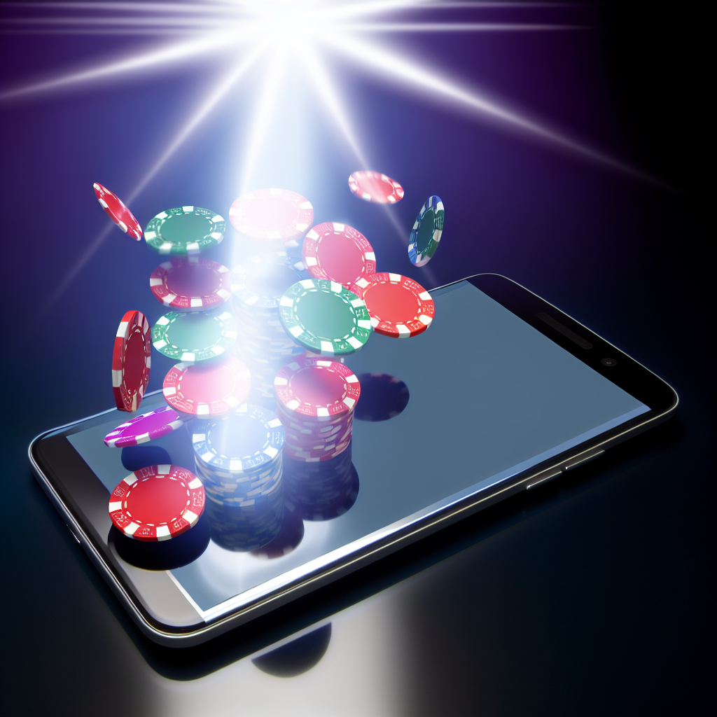「カジノチップが舞う輝くスマホ画面」