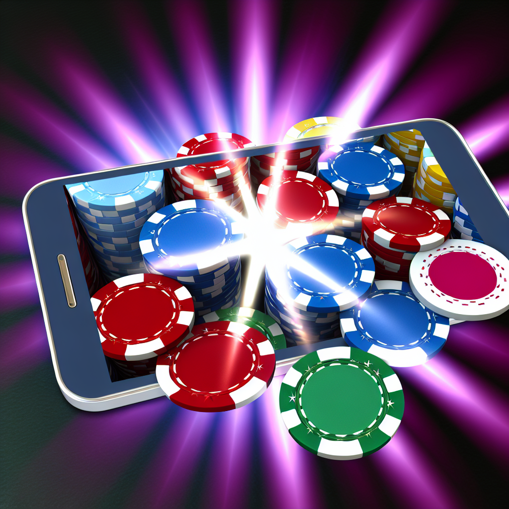 「スマートフォンで輝くカジノチップ画面。」