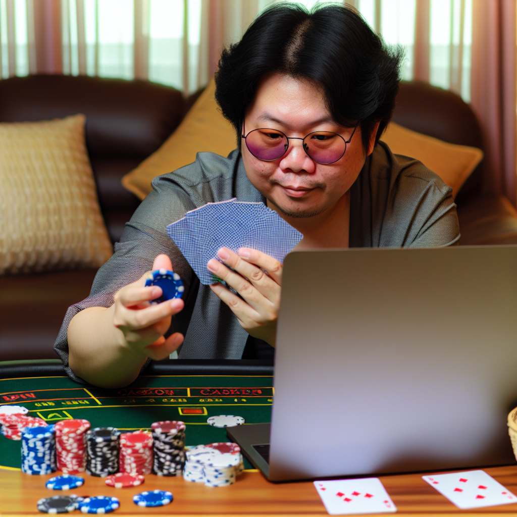 「自宅でカジノゲームを楽しむ初心者。」