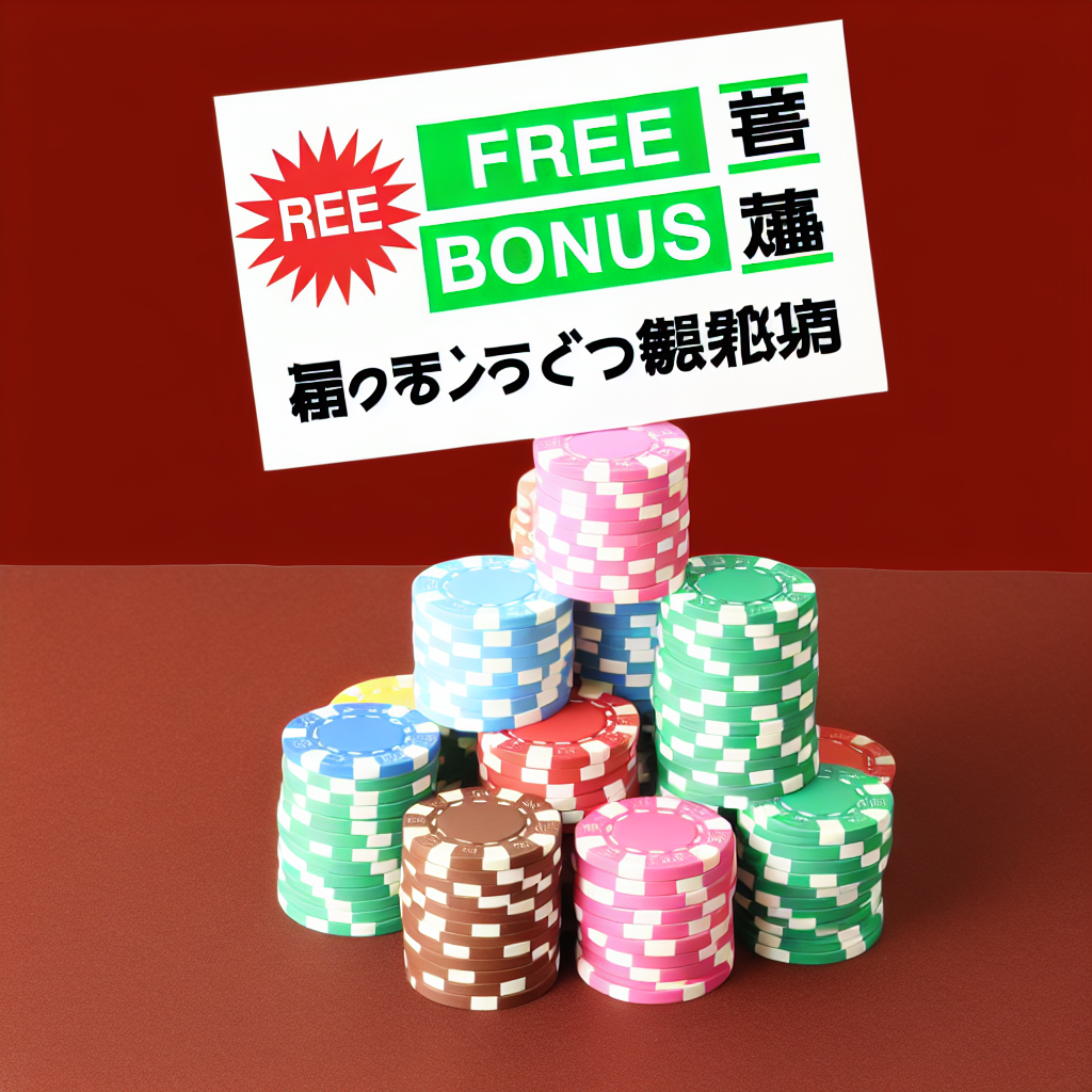 カジノチップ山と「無料ボーナス」バナー。