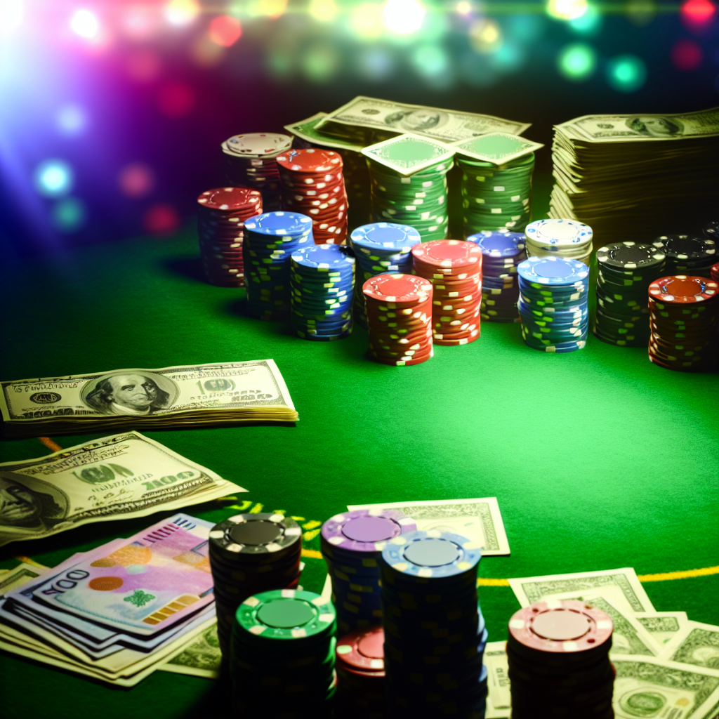 色とりどりのチップ、現金、勝利の瞬間。