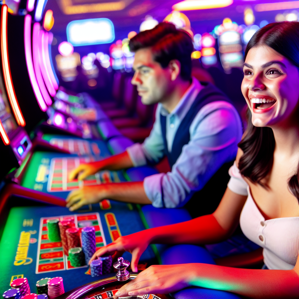 若いプレイヤーが笑顔でカジノゲームを楽しむ。